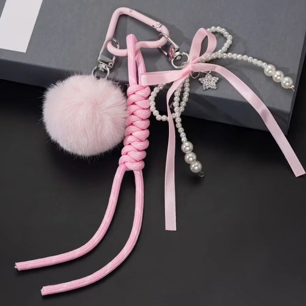 NEW Elegant Pink Fur Keychain with Pom Pom and Bow Pearls